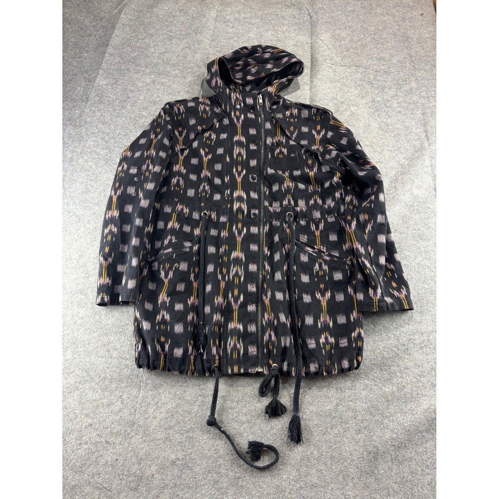Free People Ikat Woven Hooded Utility Jacket Black XS Drawstring Waist Anorak
